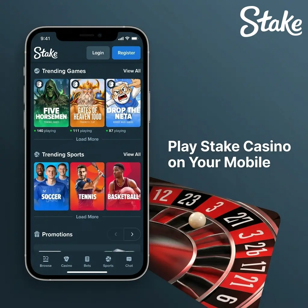 Stake Casino mobile app on a smartphone showing slots, live casino, and table games lobby in India