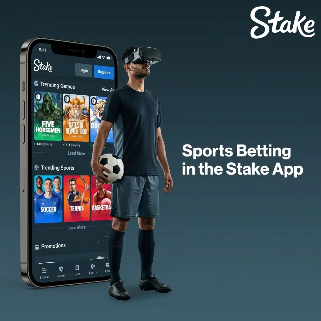 Stake app sports betting interface showing cricket, soccer, tennis, basketball, MMA and eSports markets for Indian players
