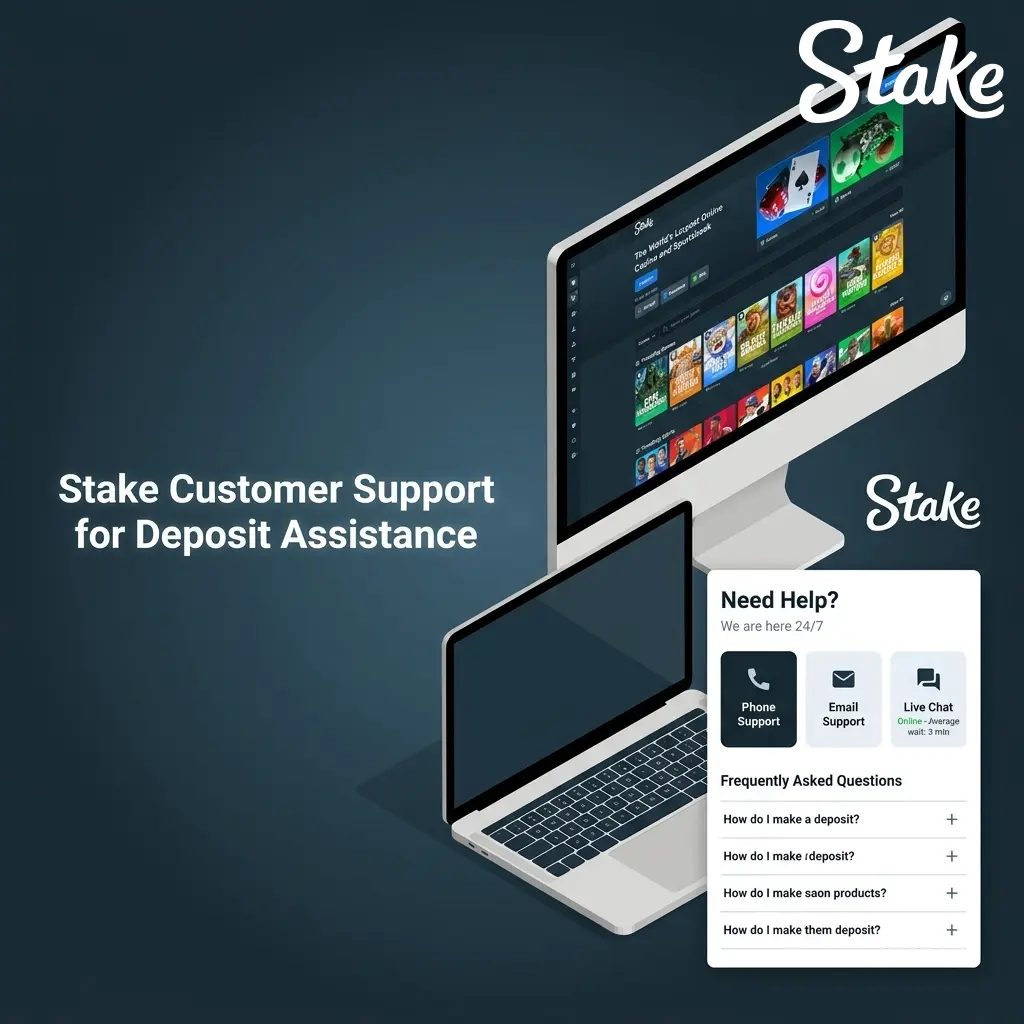Stake customer support options including live chat, email, help centre, and social channels for deposit assistance