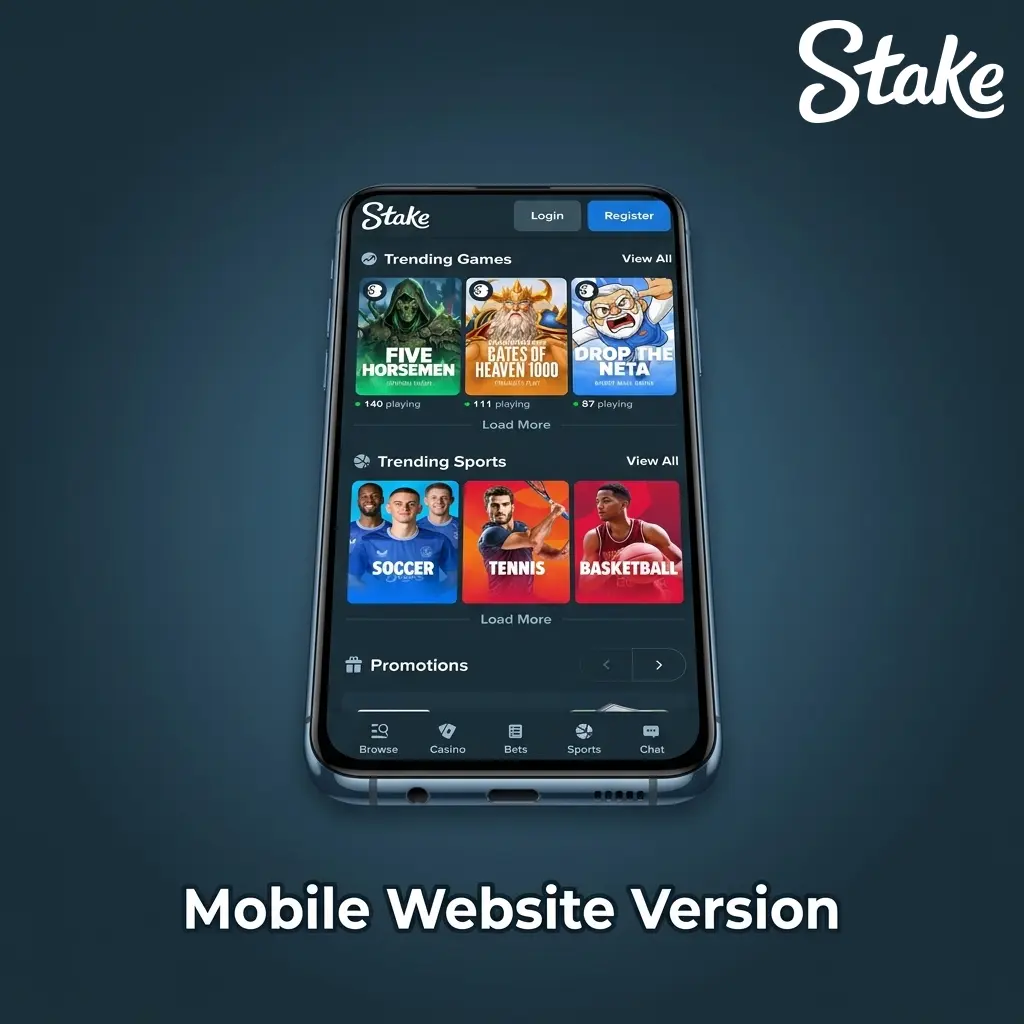 Stake mobile website interface showing casino games, sports betting, and live dealer access on smartphone browser