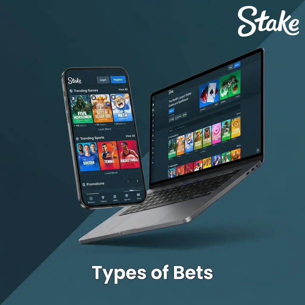 Diagram showing types of bets on Stake including single, parlay, system, and accumulator bet structures